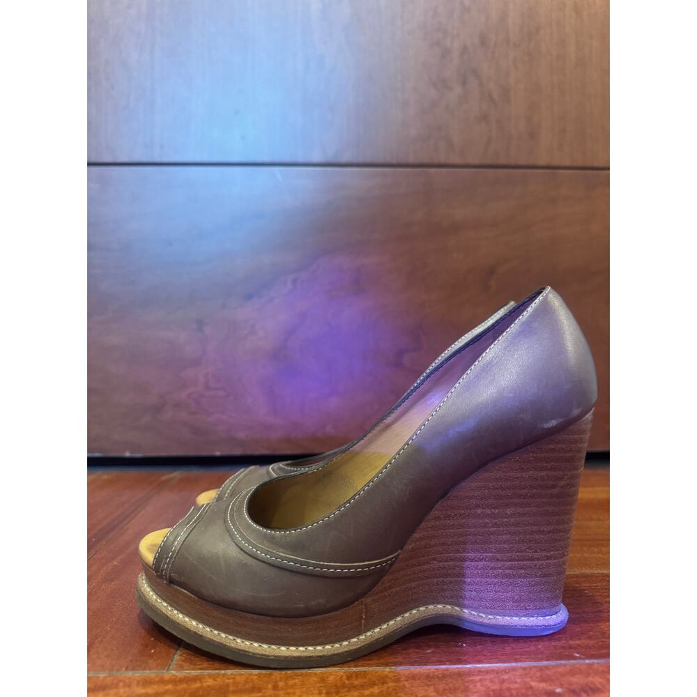 KORS Michael Kors Brown Leather Peep Toe Wedge Pumps Heels Size 5M